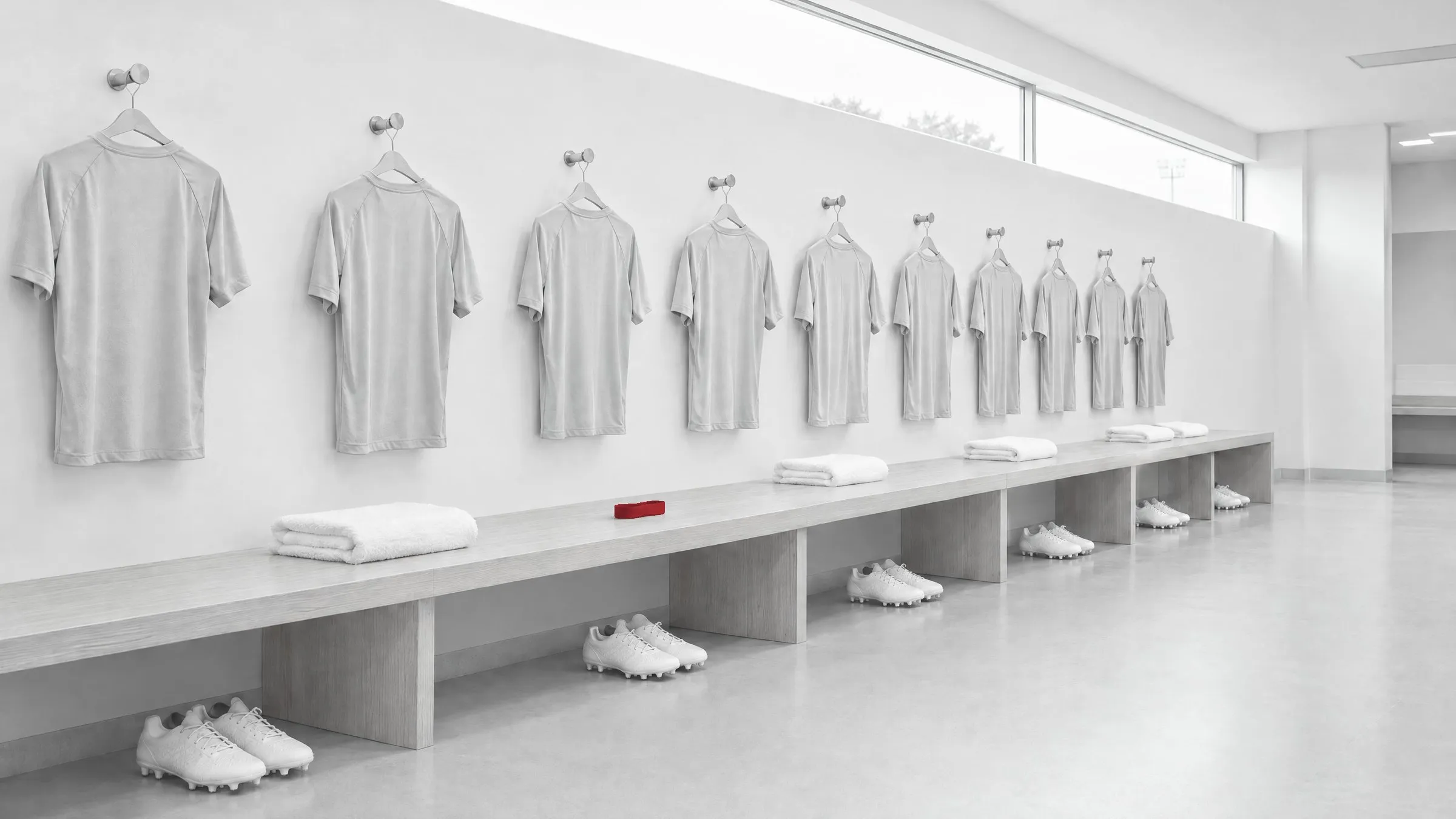Empty dressing room with plain grey shirts on pegs above a pale oak bench