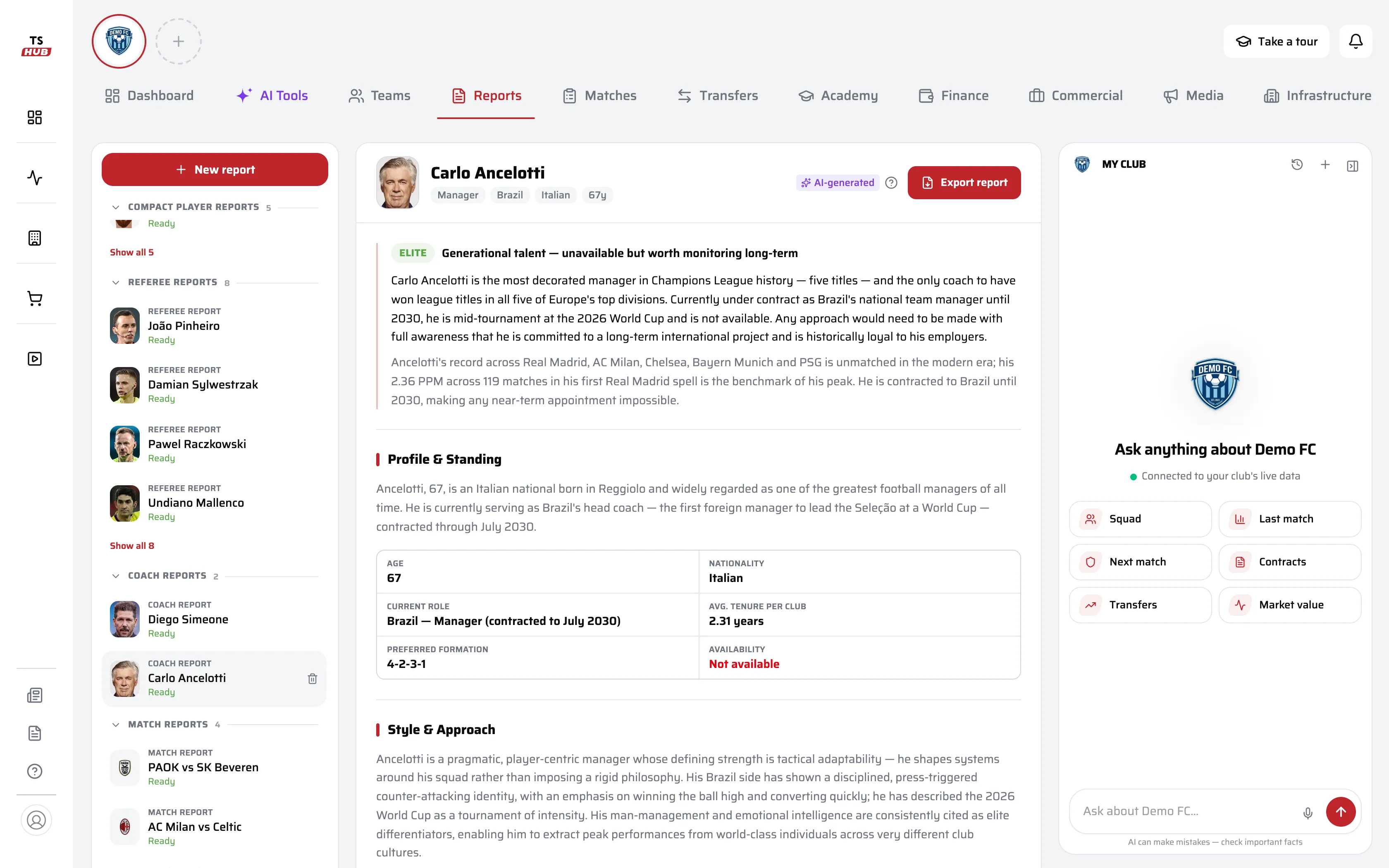 Executive reports in President Hub: an AI-written coach report open with its verdict, profile and standing table and style of play, the report library by type on the left and Export report.