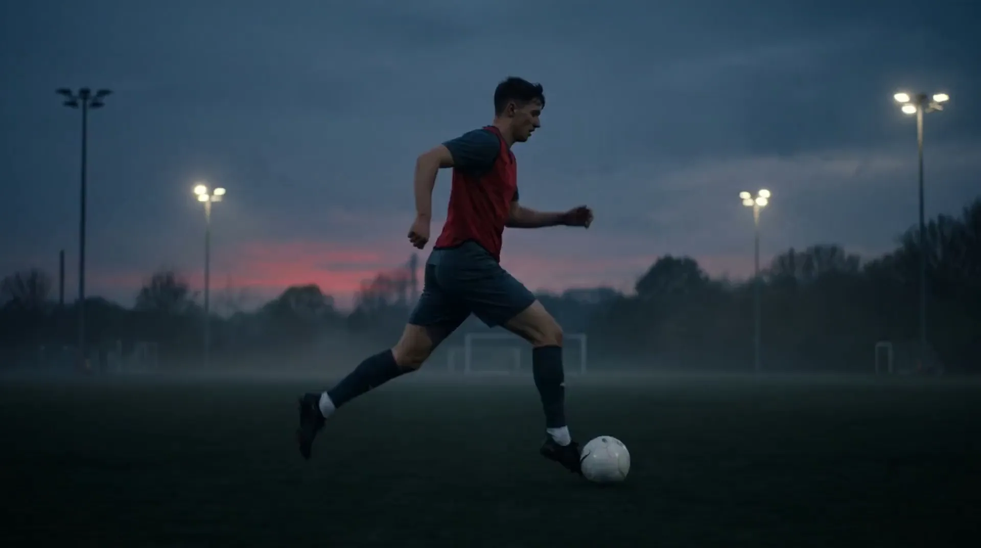 A player in a red bib dribbling on a training pitch at dusk
