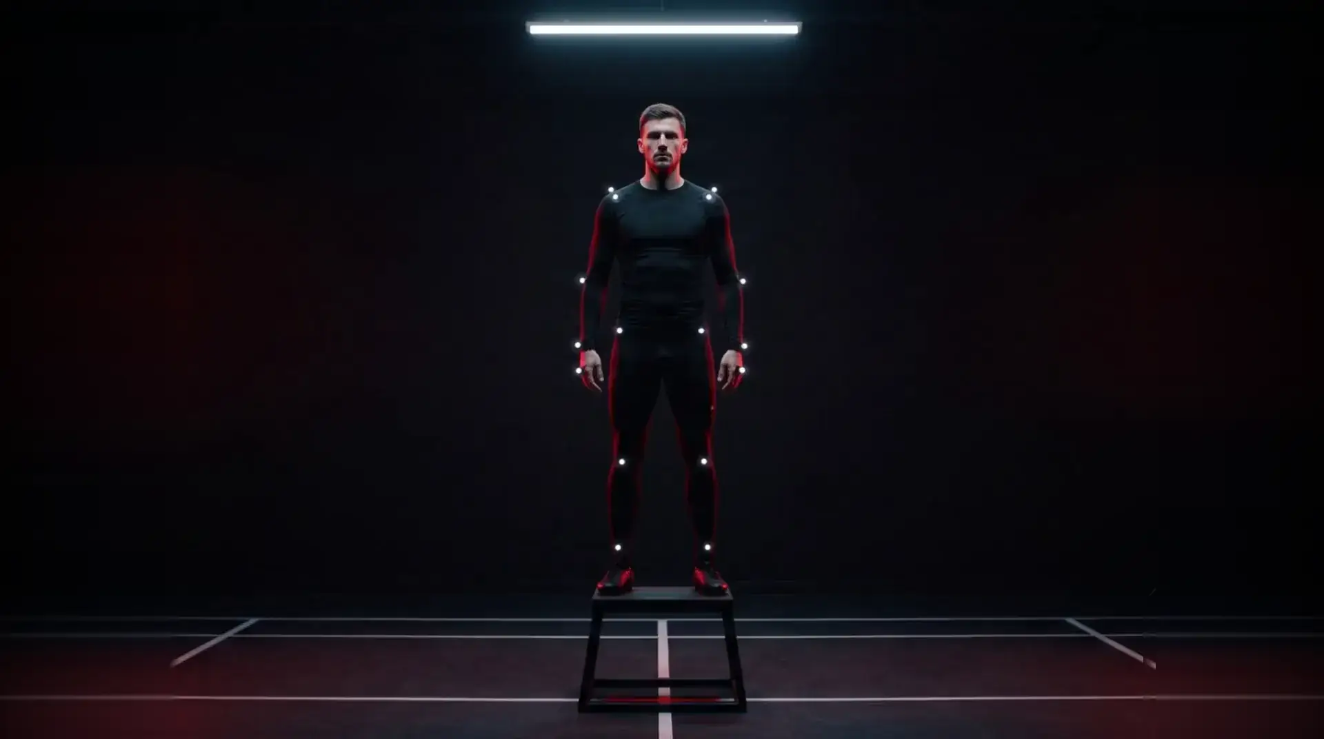An athlete in a motion-capture suit on a plyometric box in a dark lab with red rim light